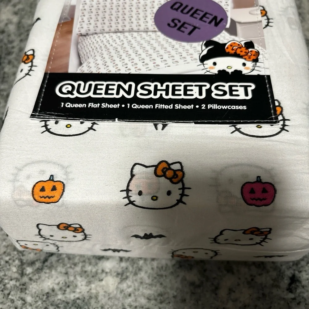 4-pcHello Kitty Sanrio Halloween pumpkin QUEEN size White 100%Cotton Sheet Set